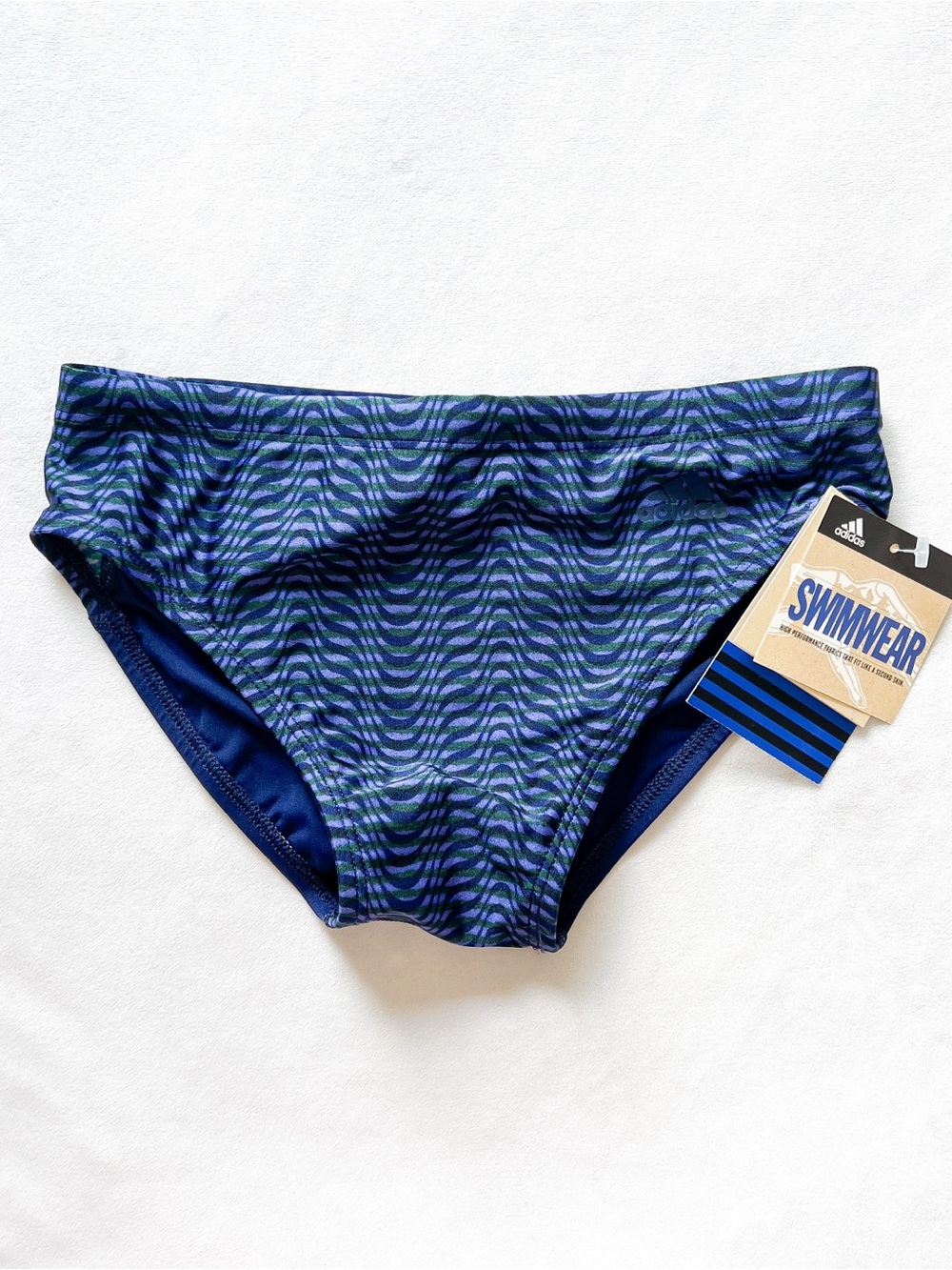adidas Navy and Green Wave-Pattern Swim Briefs - Size 30”